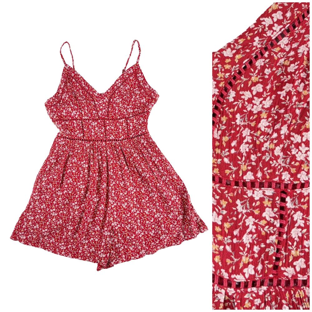 American Eagle Romper Womens S Red Floral Boho Cottagecore Summer Crochet